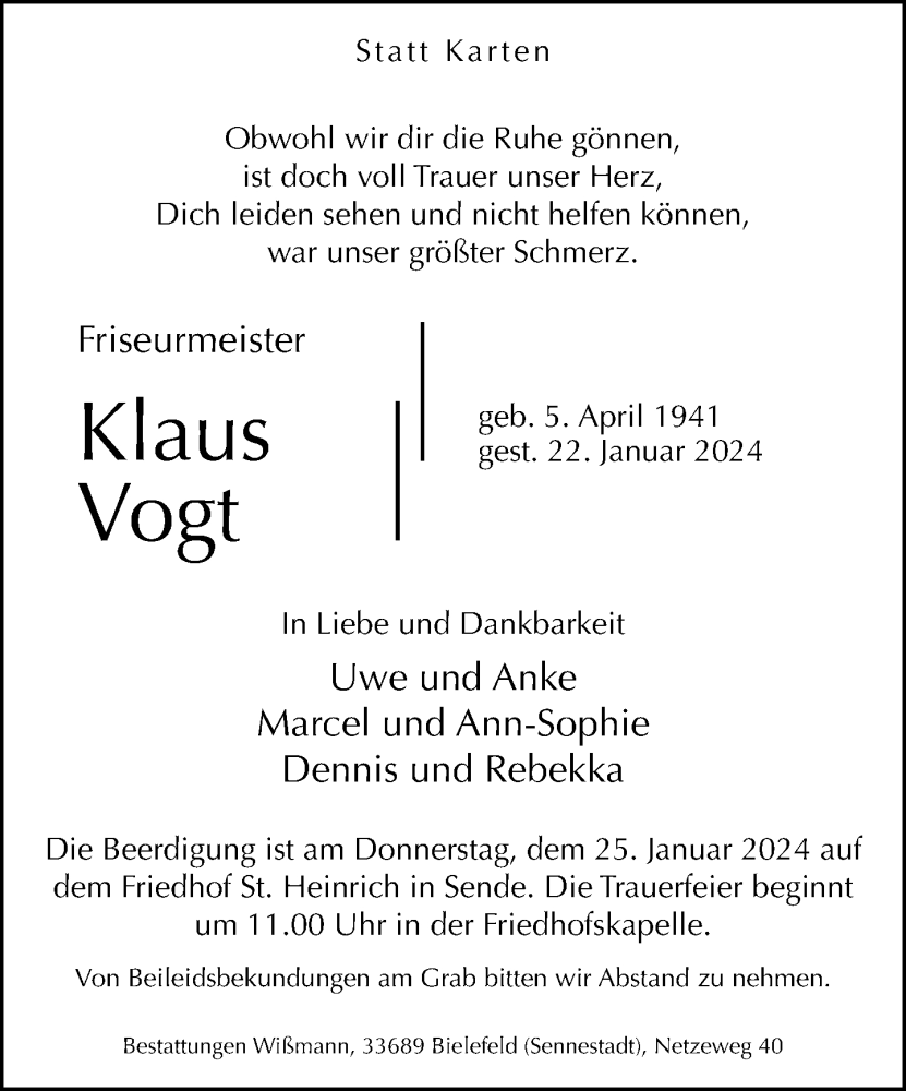  Traueranzeige für Klaus Vogt vom 23.01.2024 aus Neue Westfälische