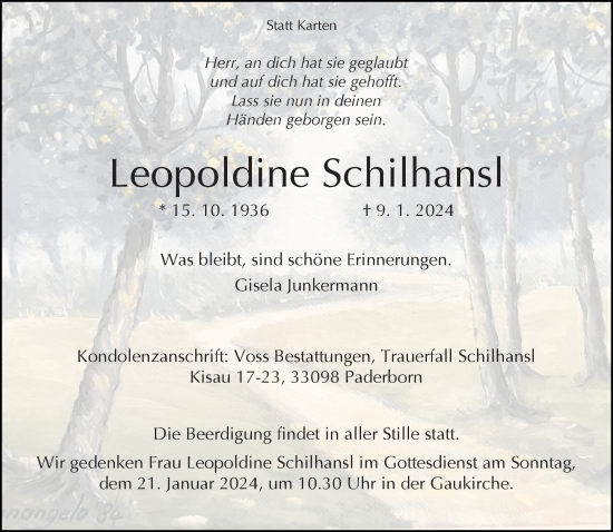 Traueranzeige von Leopoldine Schilhansl von Neue Westfälische