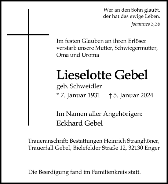 Traueranzeige von Lieselotte Gebel von Neue Westfälische