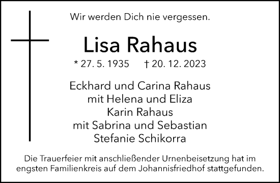 Traueranzeige von Lisa Rahaus von Neue Westfälische