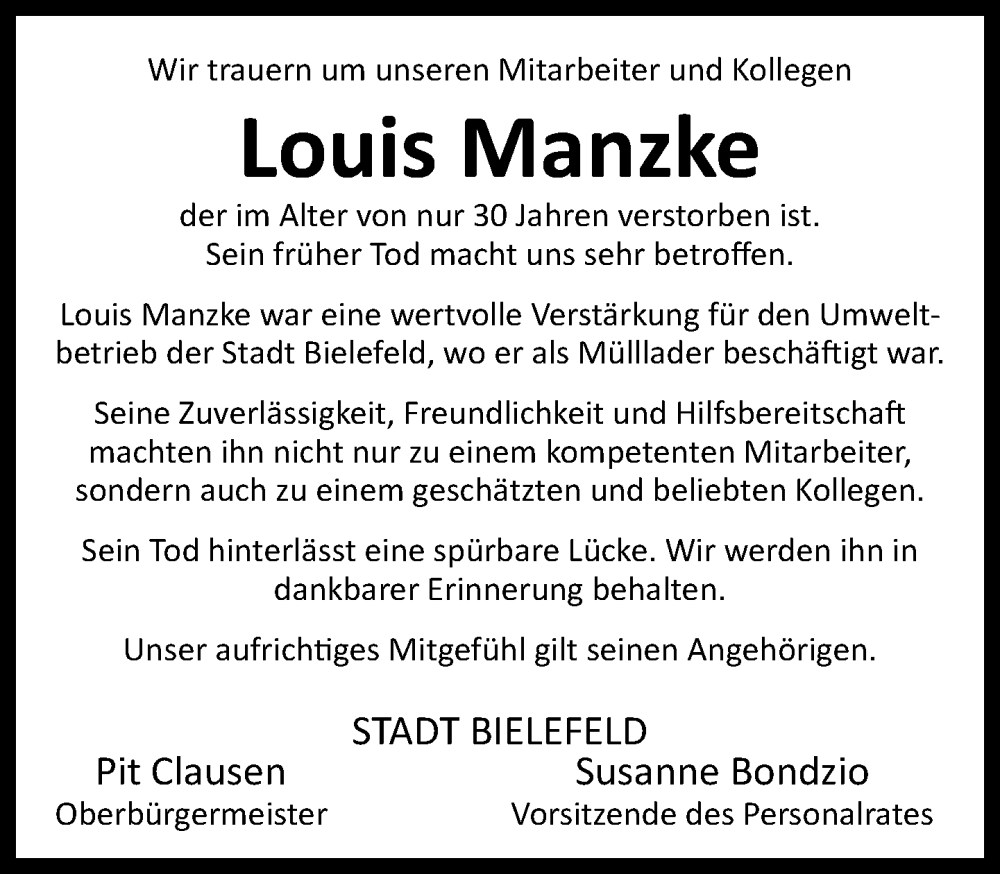  Traueranzeige für Louis Manzke vom 26.01.2024 aus Neue Westfälische
