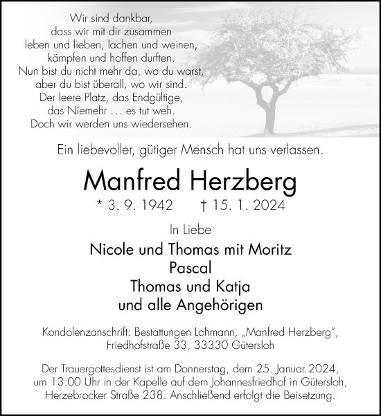 Traueranzeige von Manfred Herzberg von Neue Westfälische