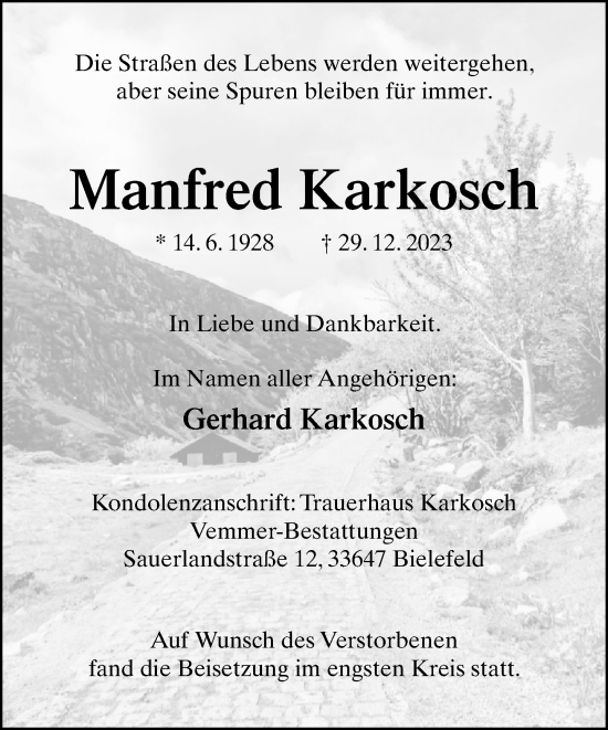 Traueranzeige von Manfred Karkosch von Neue Westfälische