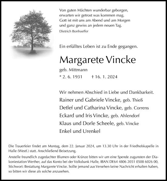 Traueranzeige von Margarete Vincke von Neue Westfälische