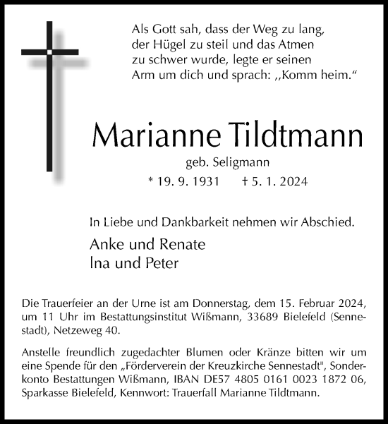 Traueranzeige von Marianne Tildtmann von Neue Westfälische