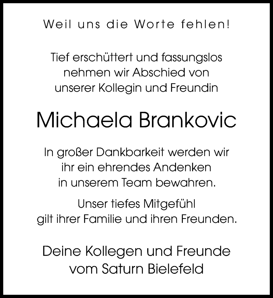  Traueranzeige für Michaela Brankovic vom 26.01.2024 aus Neue Westfälische