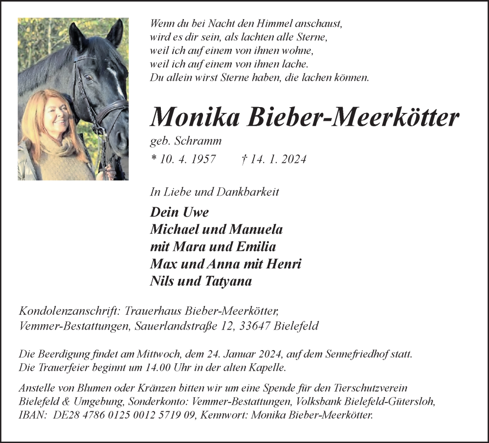  Traueranzeige für Monika Bieber-Meerkötter vom 20.01.2024 aus Neue Westfälische