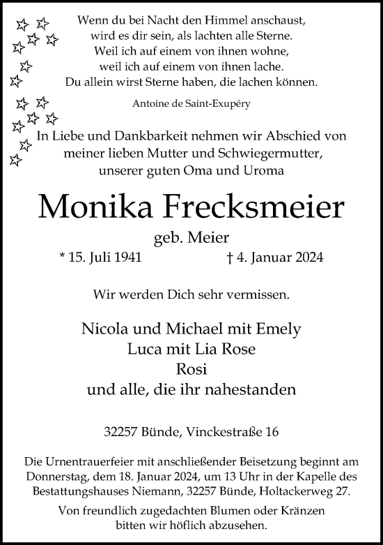 Traueranzeige von Monika Frecksmeier von Neue Westfälische