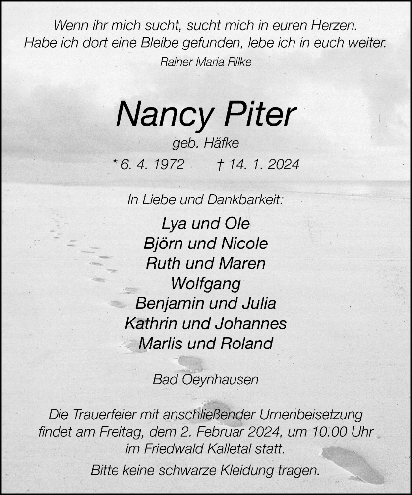  Traueranzeige für Nancy Piter vom 27.01.2024 aus Neue Westfälische