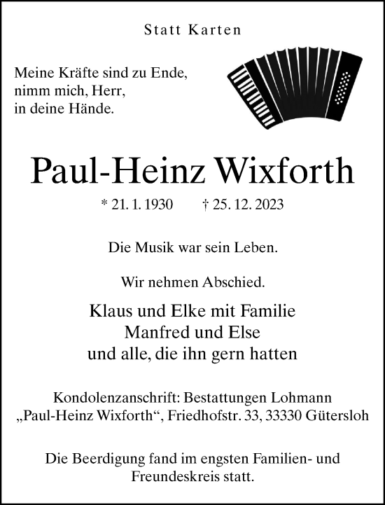 Traueranzeige von Paul-Heinz Wixforth von Neue Westfälische