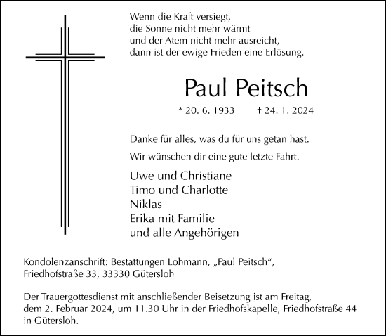 Traueranzeige von Paul Peitsch