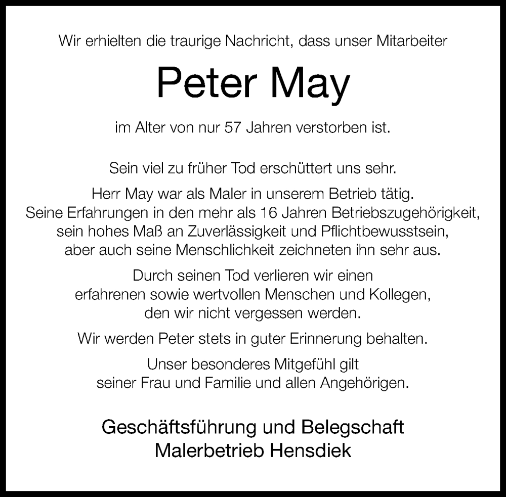  Traueranzeige für Peter May vom 31.01.2024 aus Neue Westfälische