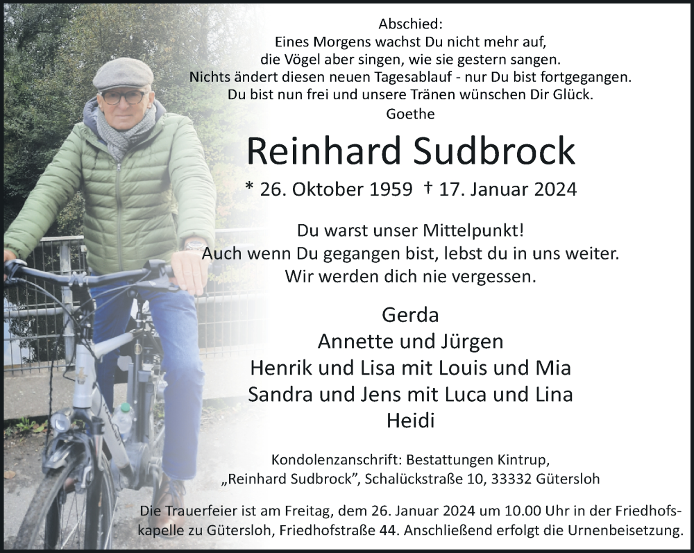  Traueranzeige für Reinhard Sudbrock vom 20.01.2024 aus Neue Westfälische