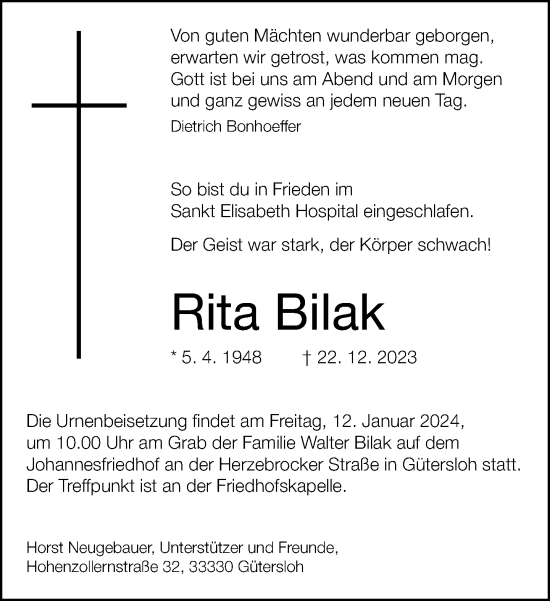 Traueranzeige von Rita Bilak von Neue Westfälische