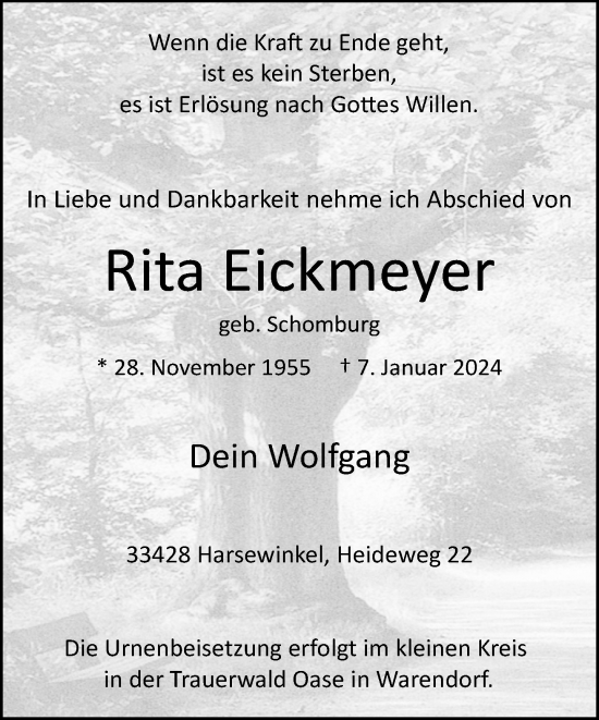 Traueranzeige von Rita Eickmeyer von Neue Westfälische