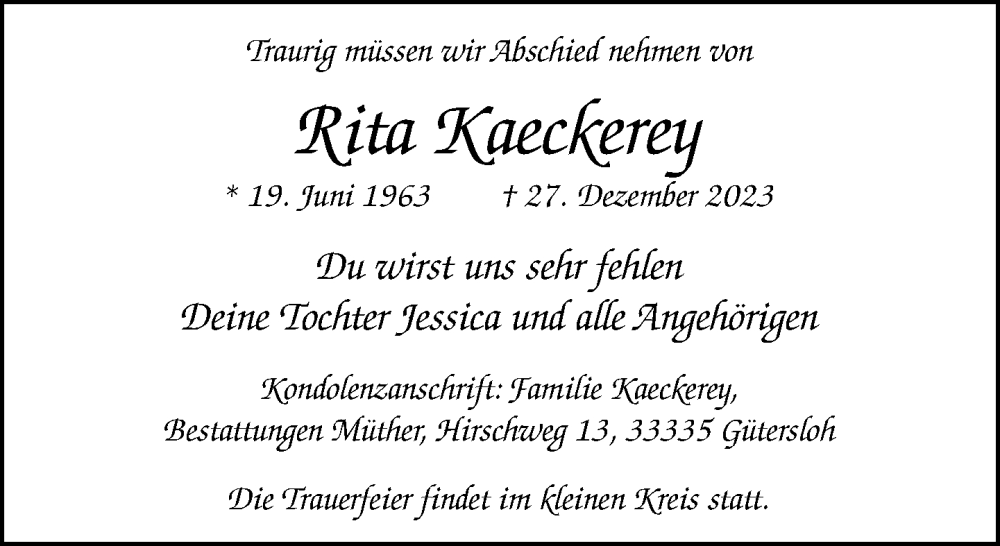  Traueranzeige für Rita Kaeckerey vom 06.01.2024 aus Neue Westfälische
