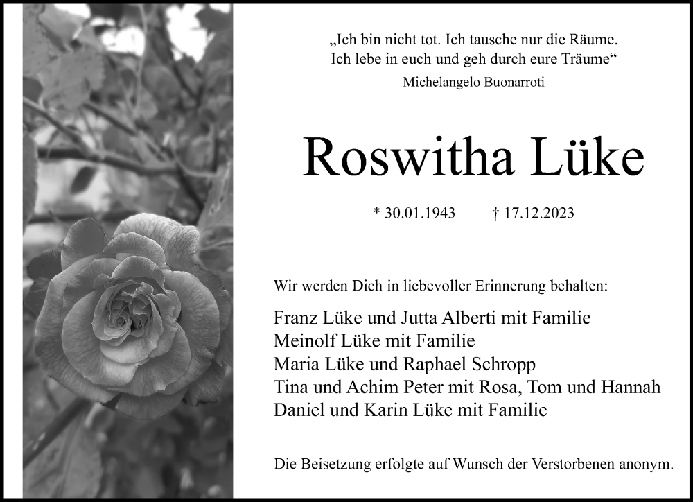 Traueranzeige für Roswitha Lüke vom 06.01.2024 aus Neue Westfälische