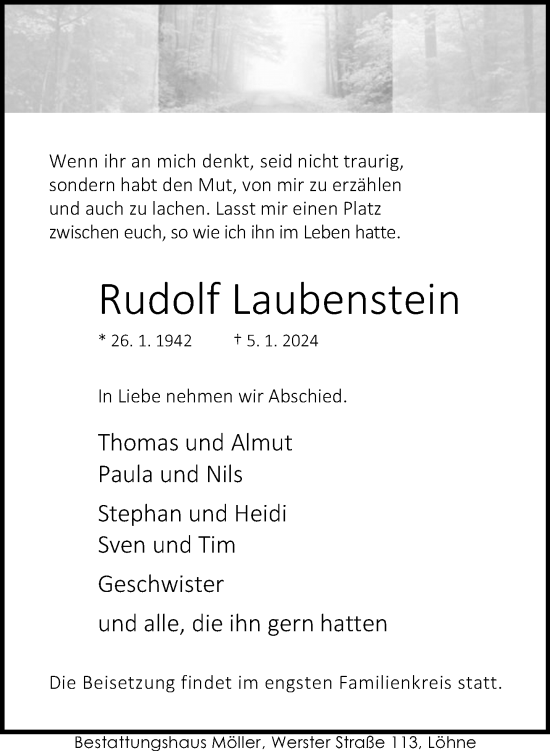 Traueranzeige von Rudolf Laubenstein von Neue Westfälische