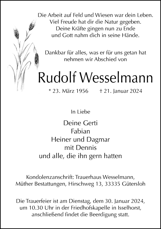 Traueranzeige von Rudolf Wesselmann von Neue Westfälische