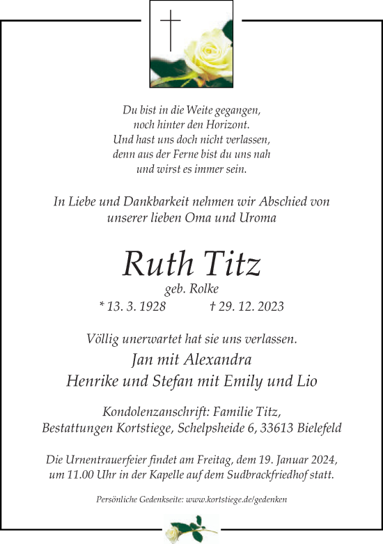 Traueranzeige von Ruth Titz von Neue Westfälische