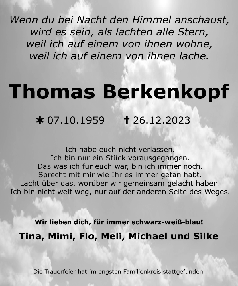  Traueranzeige für Thomas Berkenkopf vom 13.01.2024 aus Neue Westfälische