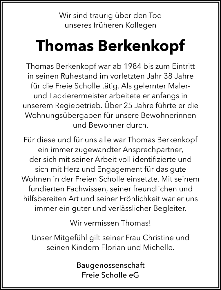  Traueranzeige für Thomas Berkenkopf vom 13.01.2024 aus Neue Westfälische