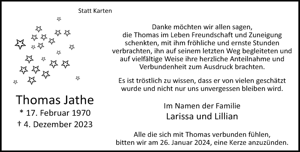  Traueranzeige für Thomas Jathe vom 20.01.2024 aus Neue Westfälische