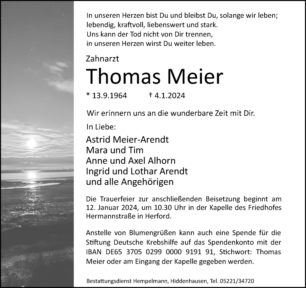  Traueranzeige für Thomas Meier vom 06.01.2024 aus Neue Westfälische