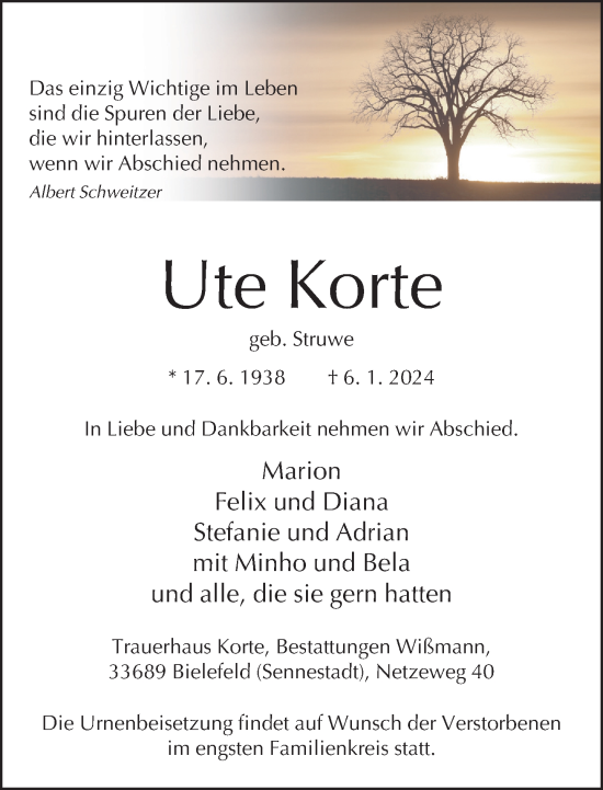 Traueranzeige von Ute Korte von Neue Westfälische