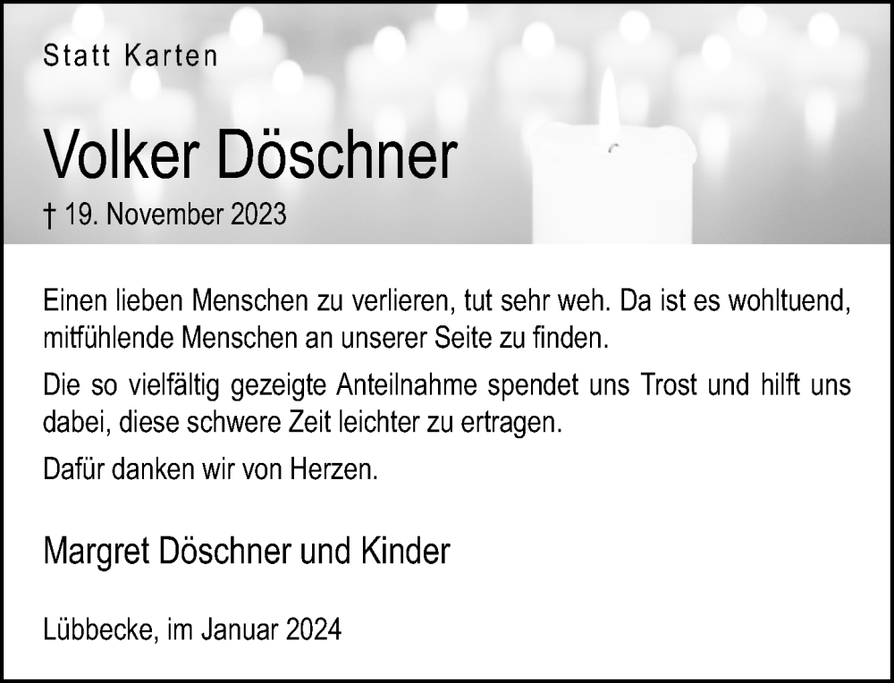  Traueranzeige für Volker Döschner vom 06.01.2024 aus Neue Westfälische