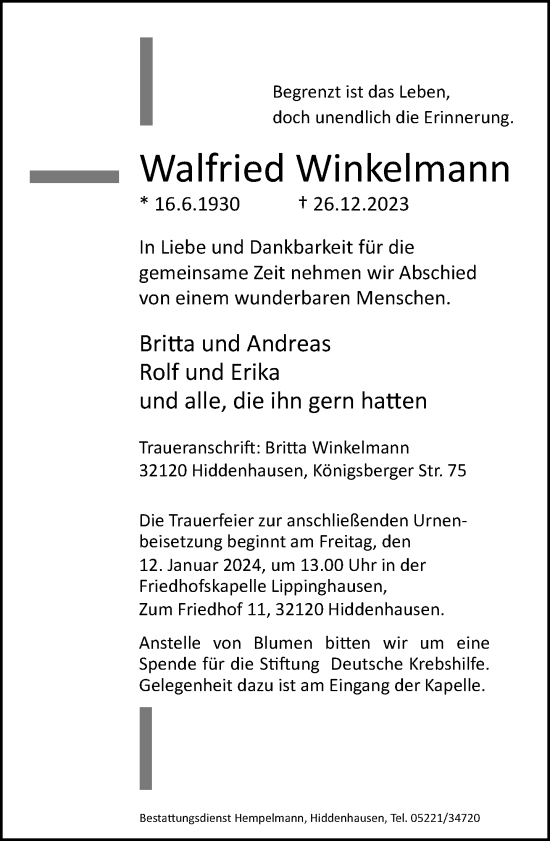 Traueranzeige von Walfried Winkelmann von Neue Westfälische