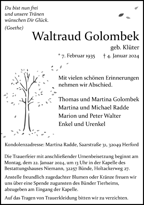 Traueranzeige von Waltraud Golombek von Neue Westfälische