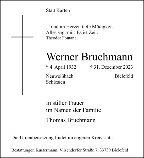 Traueranzeige von Werner Bruchmann von Neue Westfälische