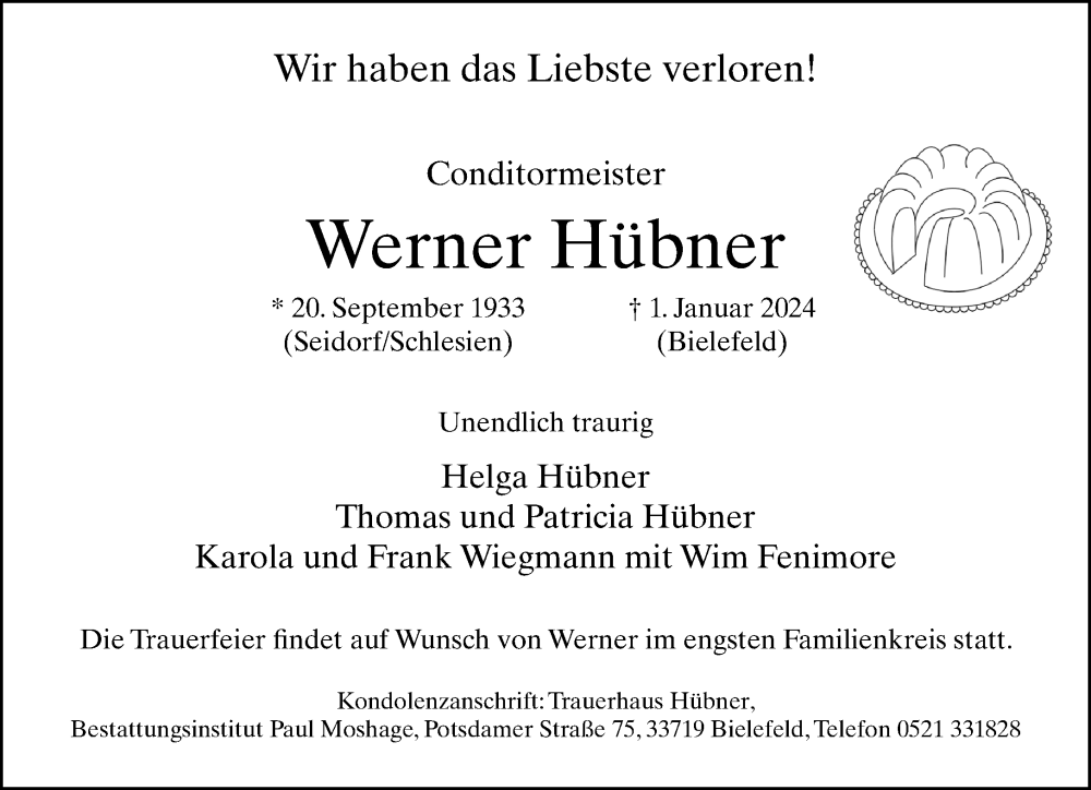  Traueranzeige für Werner Hübner vom 06.01.2024 aus Neue Westfälische