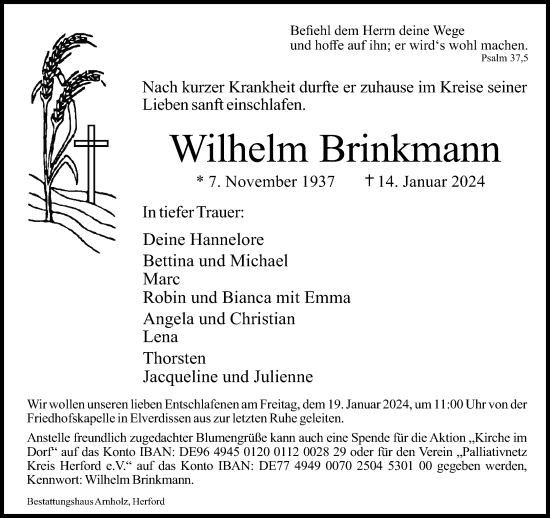 Traueranzeige von Wilhelm Brinkmann von Neue Westfälische