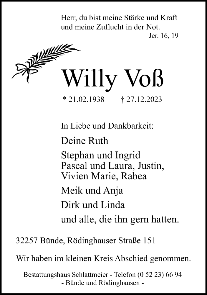  Traueranzeige für Willy Voß vom 06.01.2024 aus Neue Westfälische