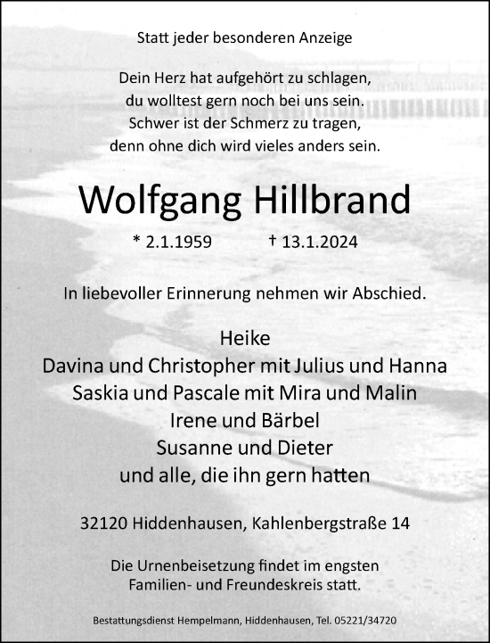 Traueranzeige von Wolfgang Hillbrand von Neue Westfälische