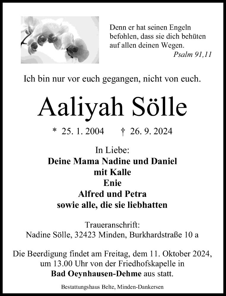  Traueranzeige für Aaliyah Sölle vom 05.10.2024 aus Neue Westfälische