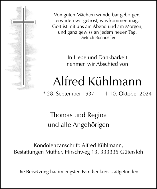 Traueranzeige von Alfred Kühlmann von Neue Westfälische