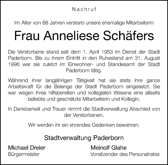 Traueranzeige von Anneliese Schäfers von Neue Westfälische