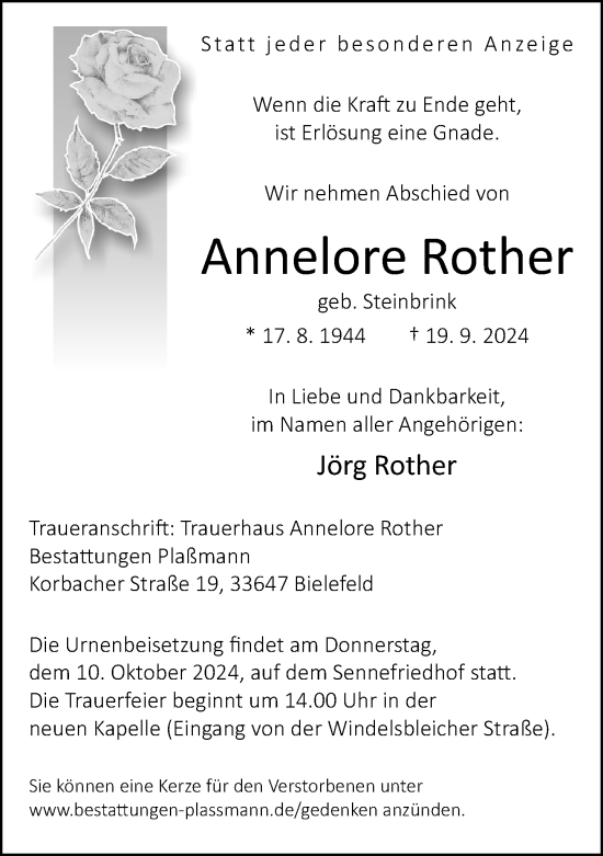 Traueranzeige von Annelore Rother von Neue Westfälische