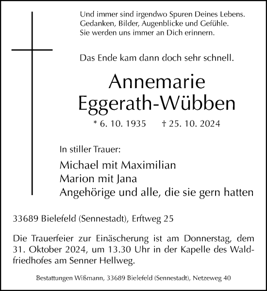 Traueranzeige von Annemarie Eggerath-Wübben von Neue Westfälische