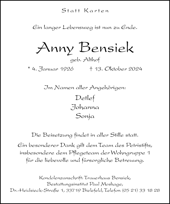 Traueranzeige von Anny Bensiek von Neue Westfälische