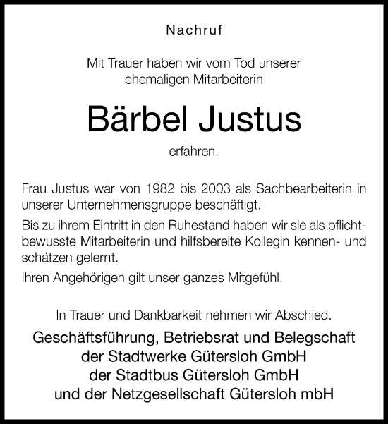 Traueranzeige von Bärbel Justus von Neue Westfälische