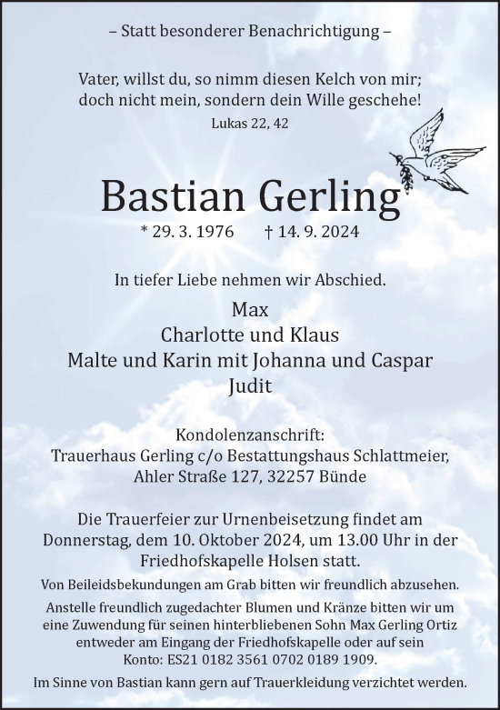 Traueranzeige von Bastian Gerling von Neue Westfälische