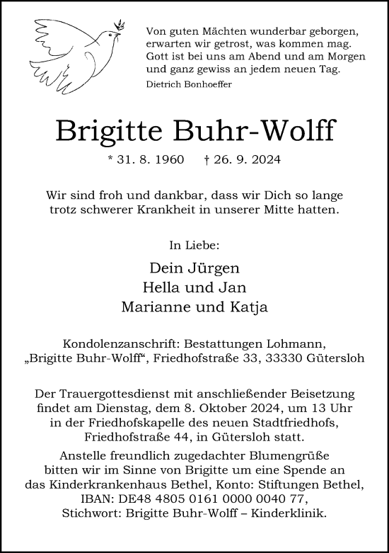 Traueranzeige von Brigitte Buhr-Wolff von Neue Westfälische