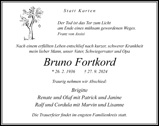 Traueranzeige von Bruno Fortkord von Neue Westfälische