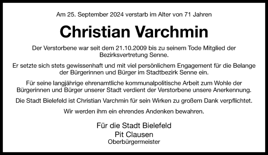 Traueranzeige von Christian Varchmin von Neue Westfälische