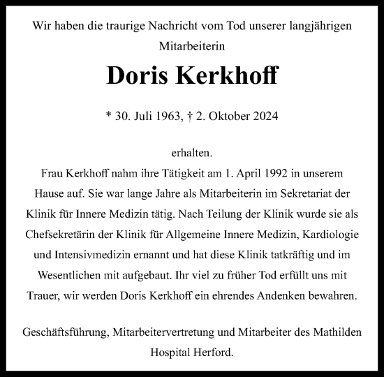 Traueranzeige von Doris Kerkhoff von Neue Westfälische