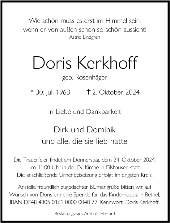 Traueranzeige von Doris Kerkhoff von Neue Westfälische